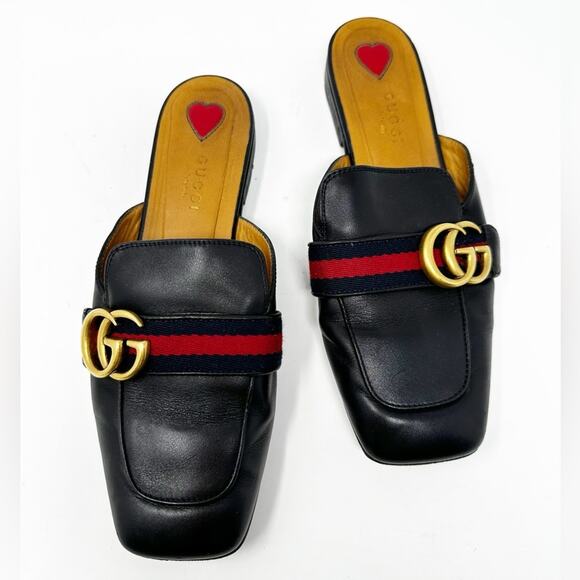 Gucci Shoes - Gucci Peyton Double G Black Leather Loafer Mules